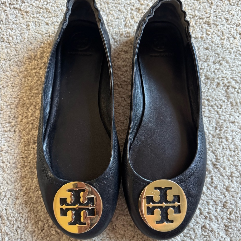 Tory Burch Reva Black Loafers with Gold Logo